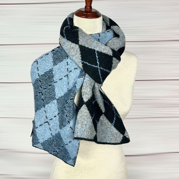 NWT Club Room Wool Blend Blue Gray Argyle Long Chunky Scarf Men’s Women’s - Picture 3 of 11